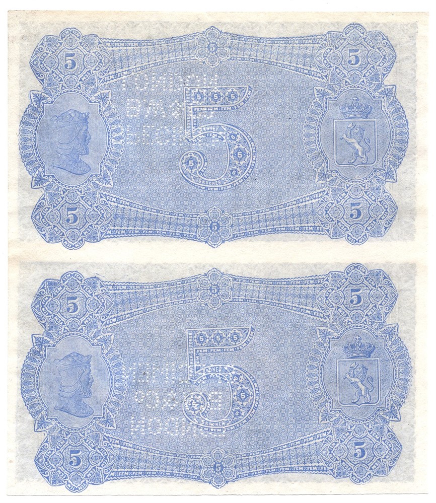 5 kroner 1876-77 Oscar II Specimen, 2 sedler i ark. Kv.0