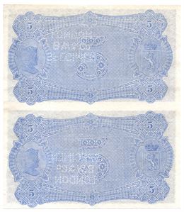 5 kroner 1876-77 Oscar II Specimen, 2 sedler i ark. Kv.0