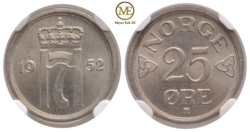 25 øre 1952 Haakokn VII. Gradert til MS65 hos NGC. Kv.0