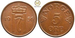 5 øre 1956 Haakon VII. Kv.0