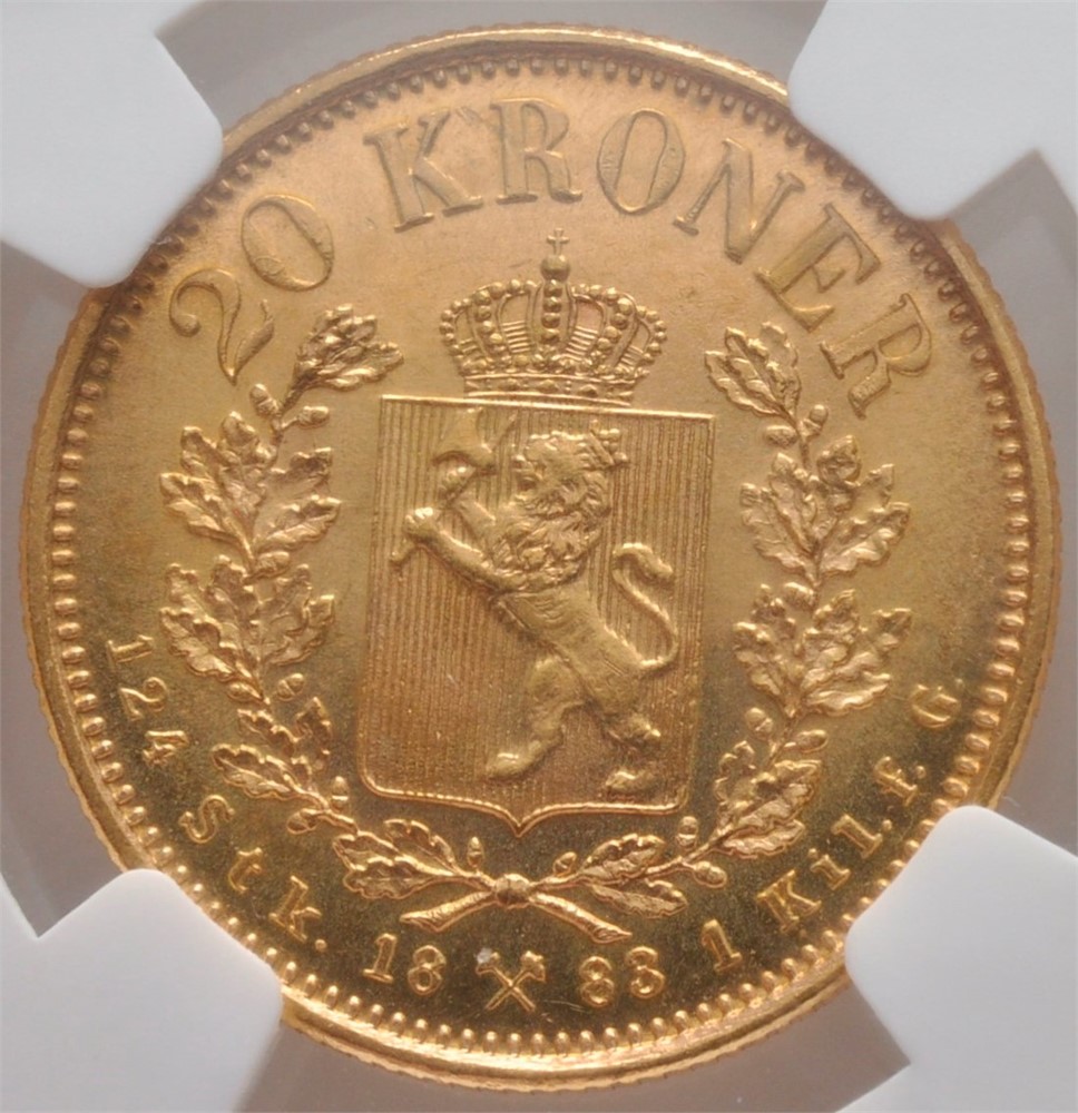 20 kroner 1883 Oscar II. Gradert til MS.66. Kv.0
