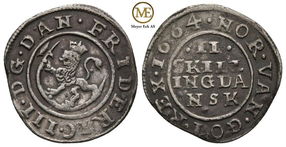 2 skilling 1664 Frederik III. Kv.1/1+