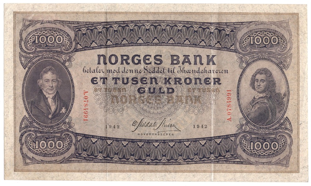 1000 kroner 1942 A.0784991. Pen seddel. Kv.1+
