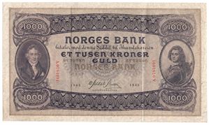 1000 kroner 1942 A.0784991. Pen seddel. Kv.1+