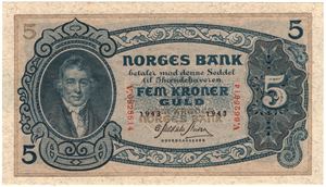 5 kroner 1943 V.6625614. Kv.0