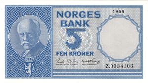 5 kroner 1955 Z.0034103. Erstatningsseddel. Kv.0/01