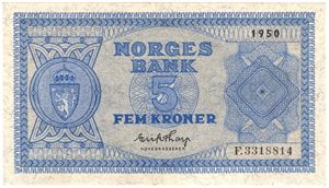 5 kroner 1950 F.3318814. Kv.0/01