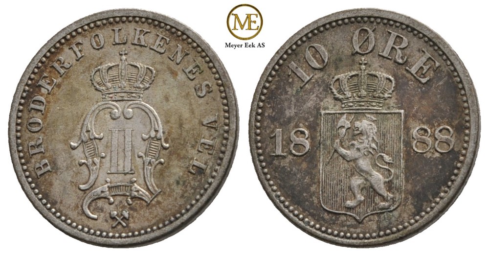 10 øre 1888 Oscar II. Kv.1+