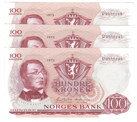 100 kroner 1973 U.3935146-48 i serie. Kv.01