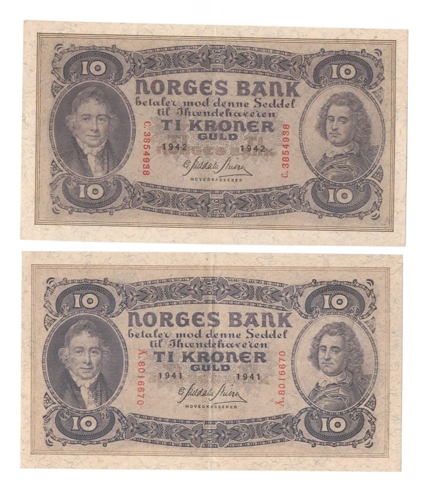 Norge 10 kroner 1941 Å og 1942 C kv. 1+ og 01