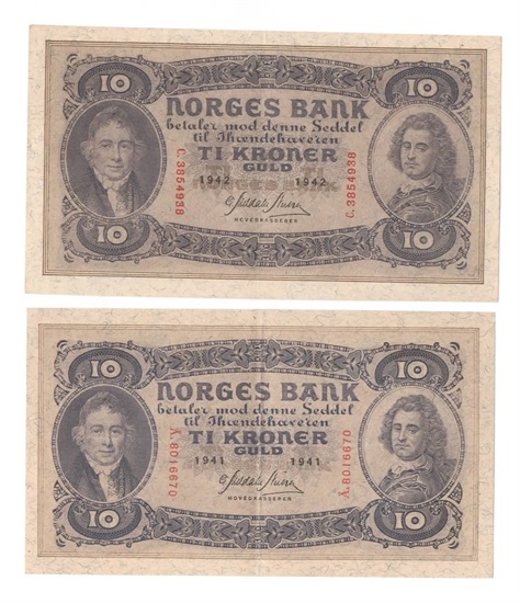 Norge 10 kroner 1941 Å og 1942 C kv. 1+ og 01