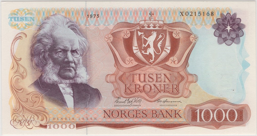 1000 kroner 1975 X.0215168. Erstatningsseddel. Kv.0