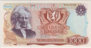 1000 kroner 1975 X.0215168. Erstatningsseddel. Kv.0