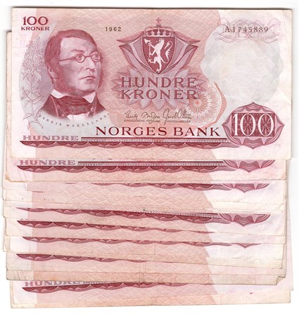Lot. 100 kroner 1962 A. 15 stk. VK