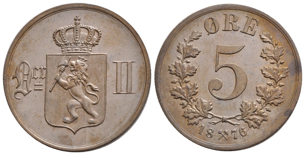 5 øre 1876 Oscar II. Kv.0