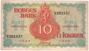 10 kroner 1944 Y.081537 London utg. Kv.1/1+