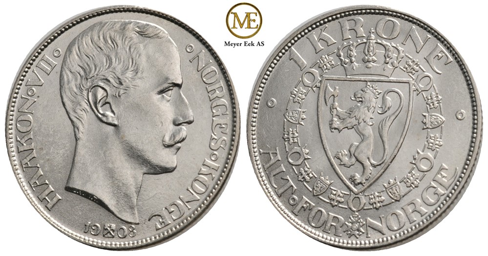 1 krone 1908 p/p Haakon VII. Praktfult eksemplar. Kv.0