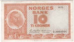 10 kroner 1972 Z.0004604. Erstatningsseddel. Gradert til 35 Choice hos PMG. Kv.1/1+