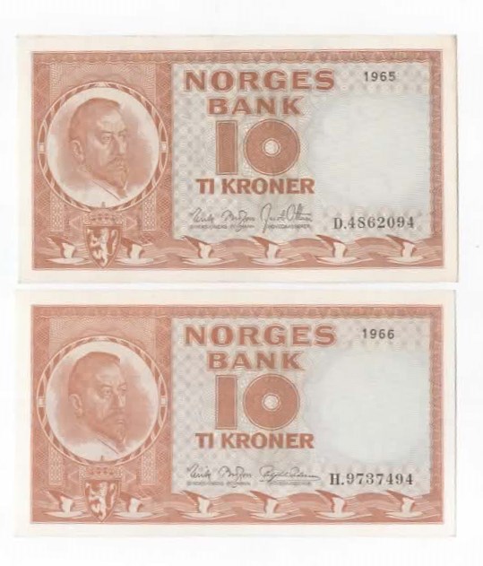 Norge 10 kroner 1965 D og 1966 H kv. 0/01 og 0