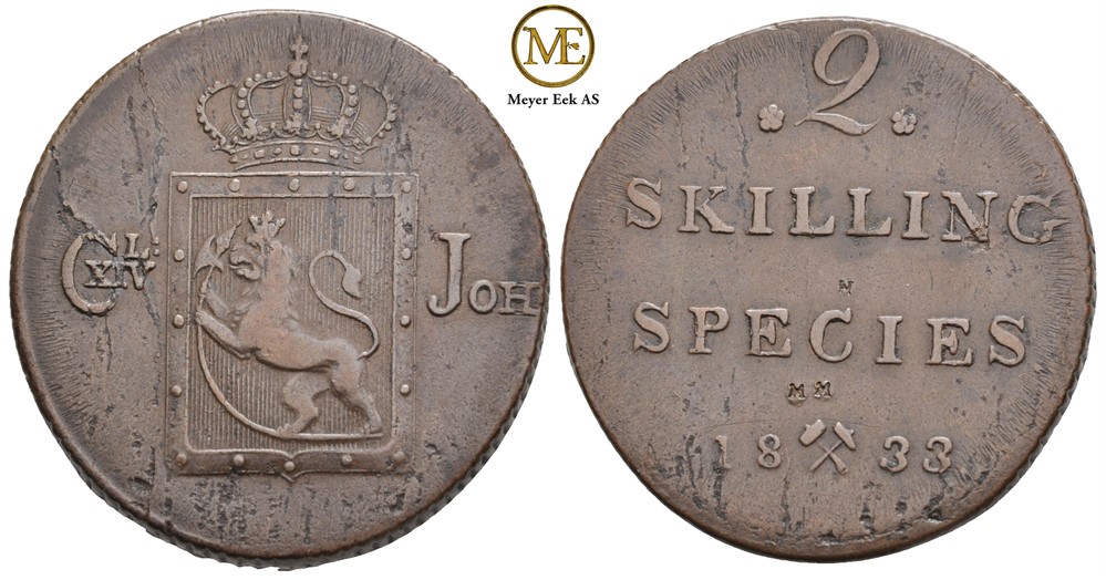 2 skilling 1833 Carl XIV Johan. Kv.1+