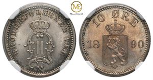 10 øre 1890 Oscar II. MS66. Prakt eksemplar.