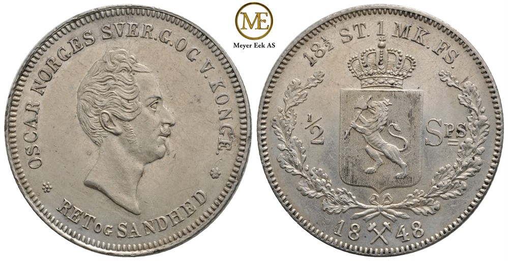 1/2 speciedaler 1848 Oscar I. Kv.0/01