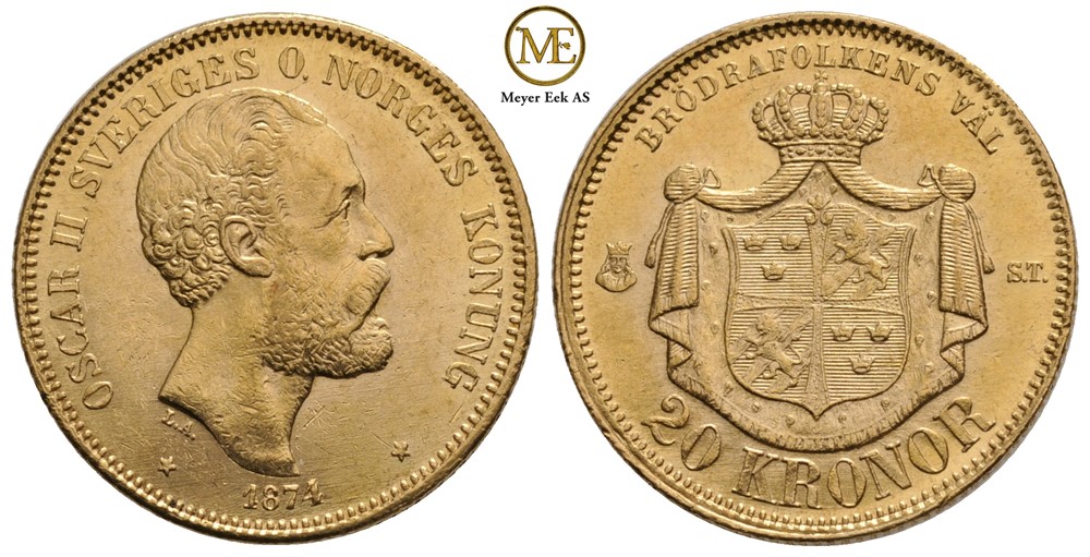 20 kronor 1874 Oscar II. Kv.0/01