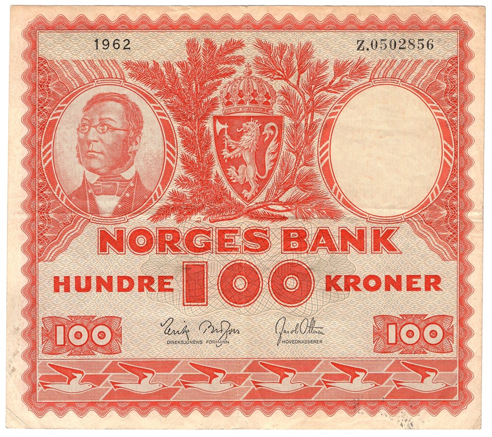 100 kroner 1962 Z.0502856. Erstatningsseddel. R-seddel. Kv.1