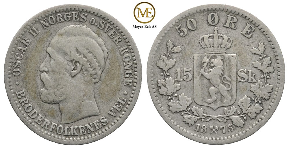 50 øre/15 skilling 1875 Oscar II. Kv.1