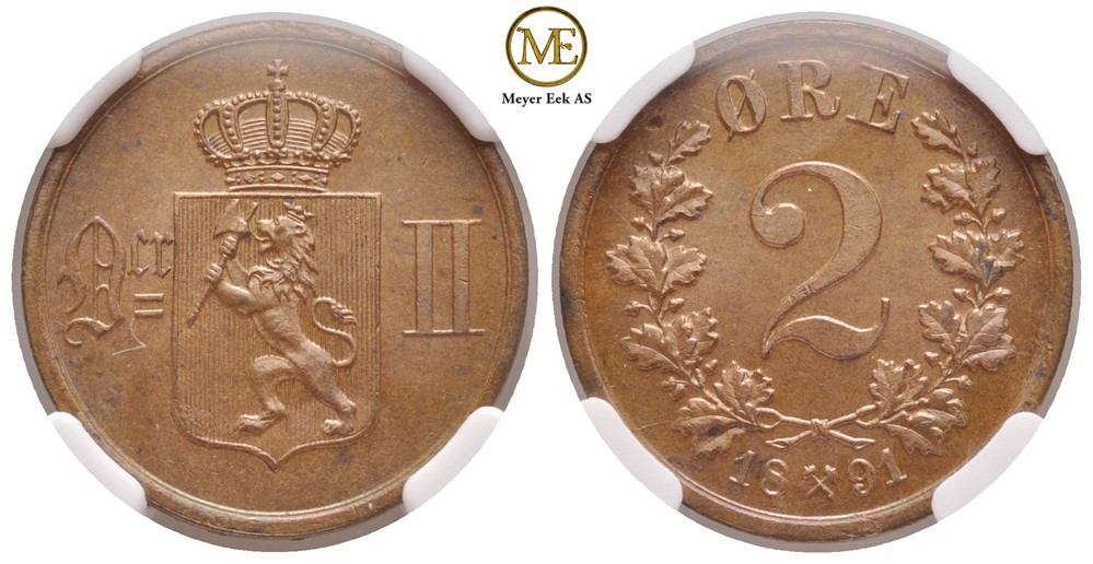 2 øre 1891 Oscar II. Kv.0