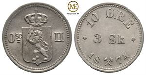 10 øre/3 skilling 1874. Oscar II. Kv.0