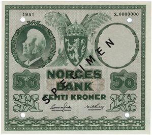 50 kroner 1951 X.0000000. Specimen. Kv.0