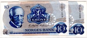 10 kroner 1973 QÆ og QÅ erstatning Kv.01 og 0