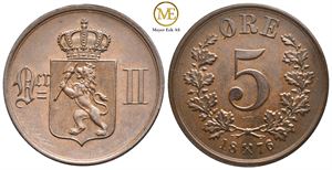 5 øre 1876 Oscar II. Kv.0/01