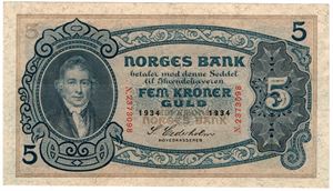 5 kroner 1934 N.2373098. Kv.01