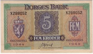 5 kroner 1944 X.288052. London utg. Kv.01