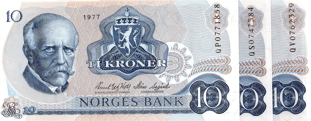 10 kroner 1977 QP, QS og QV erstatning. Kv.0