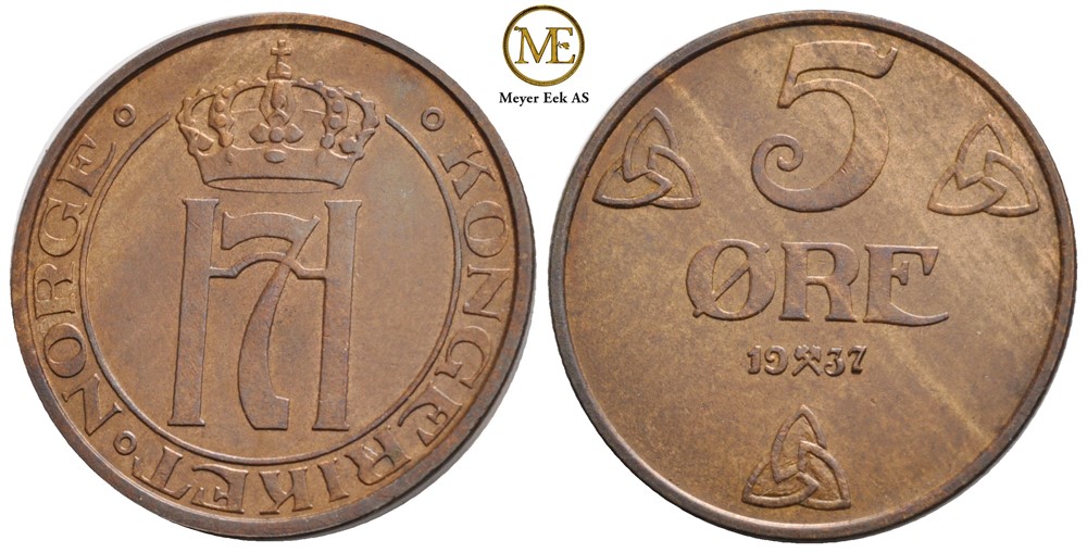 5 øre 1937 Haakon VII. Kv.0