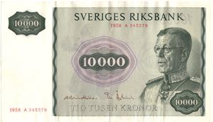 10 000 kronor 1958 A.345579. Kv.1+/01