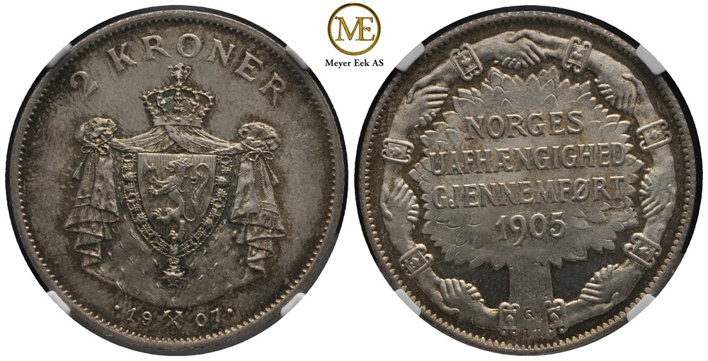 2 kroner 1907 Jub. Haakon VII. Kv.0