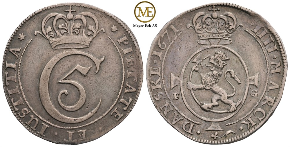 4 mark 1671 Christian V. Kv.1+