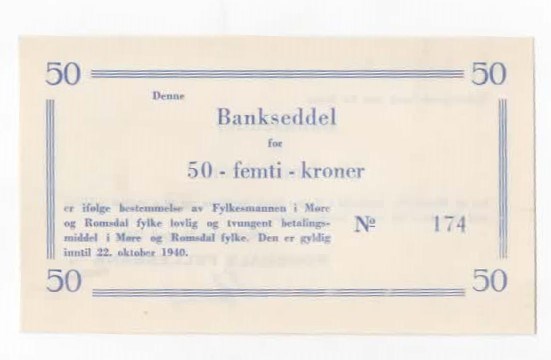 Romsdals Fellesbank 50 kroner 22.4.1940 kv. 0