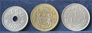 Romania 5 bani 1906, 1 lev 1924 og 5 lei 1930 Kv.ca 01