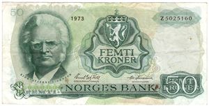50 kroner 1973 Z.5025160 5-million erstatningsseddel. RR-seddel Kv.1/1-