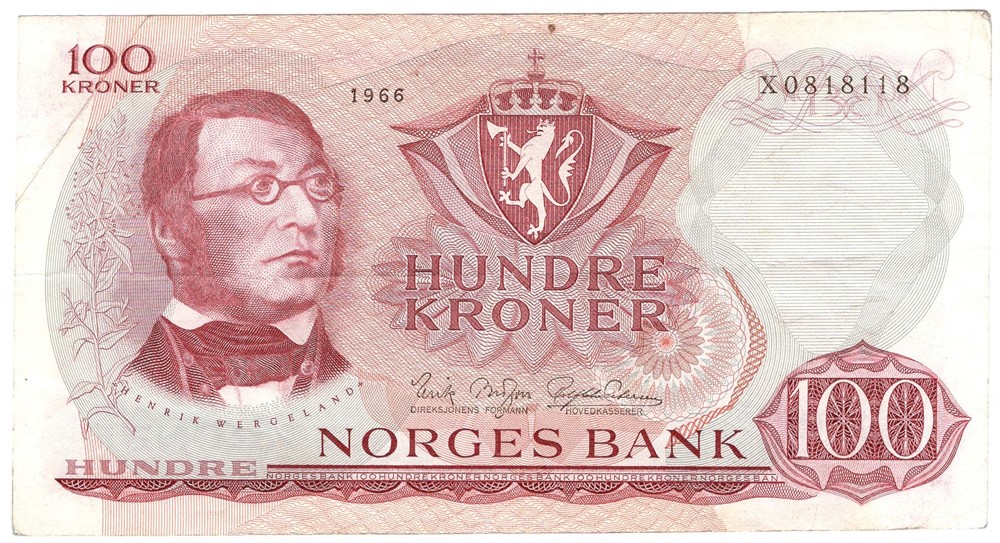 100 kroner 1966 X.0818118. Erstatningsseddel. Kv.1