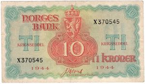 10 kroner 1944 X.370545. London utg. Kv.1+