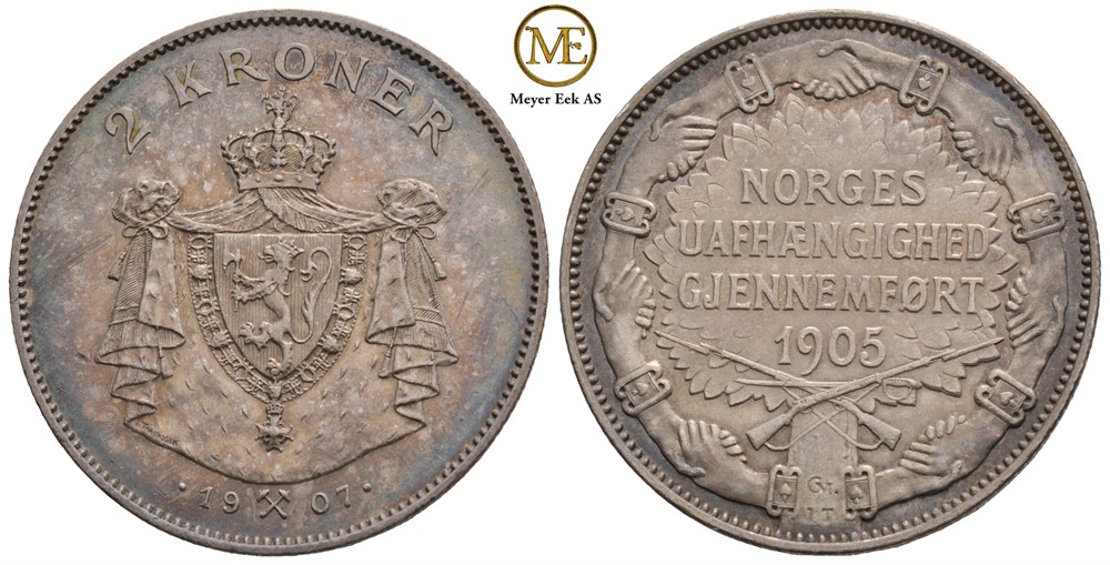 2 kroner 1907 m/g. Haakon VII. Kv.0/01