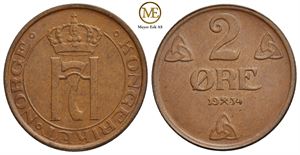 2 øre 1934 Haakon VII. Kv.0