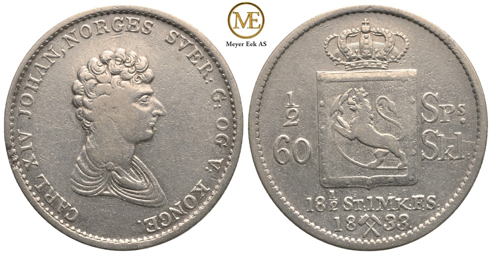 1/2 speciedaler 1833 Carl XIV Johan. Kv.1