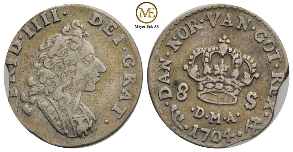8 skilling 1704 Frederik IV. NMD.27. Bl.feil. Kv.1/1+